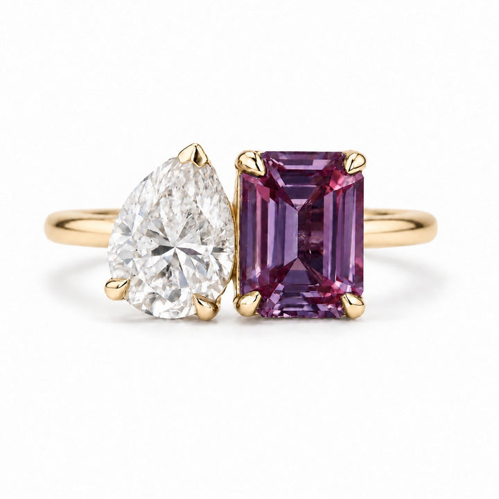 The Elysia — Alexandrite & Diamond Toi et Moi Ring in 14K yellow gold, in warm light