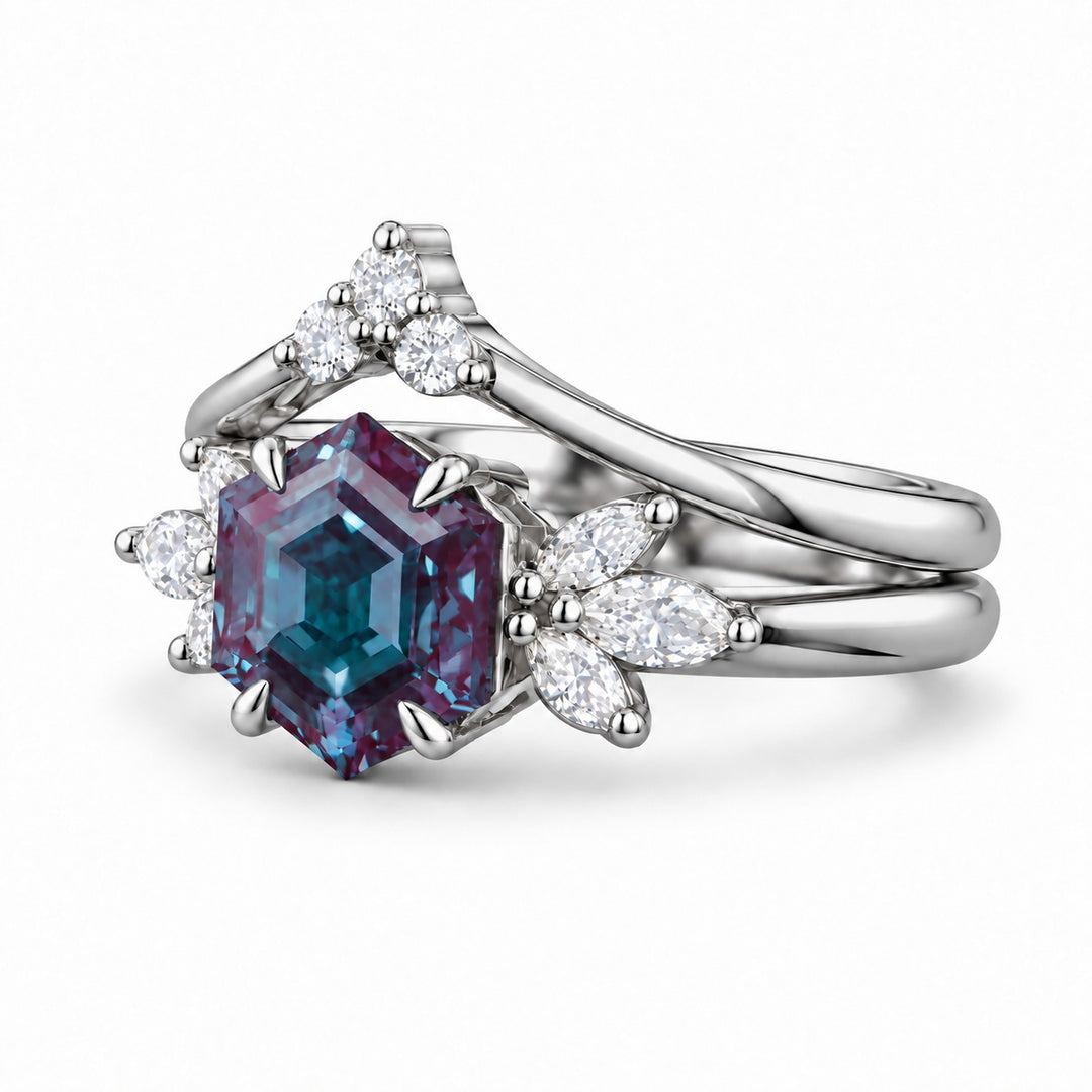 The Astra — Hexagon Alexandrite Ring in platinum, angled view