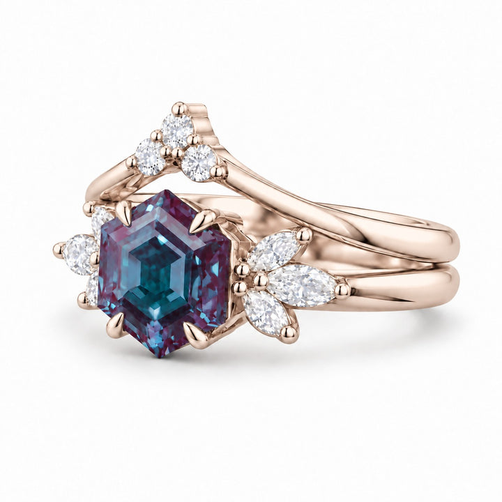 The Astra — Hexagon Alexandrite Ring in 14K rose gold, angled view