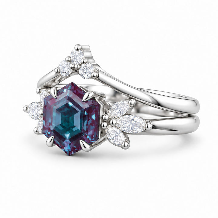 The Astra — Hexagon Alexandrite Ring in 14K white gold, angled view