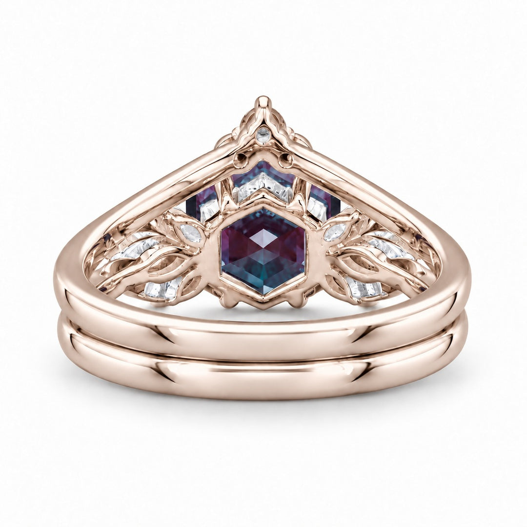 The Astra — Hexagon Alexandrite Ring in 14K rose gold, back view