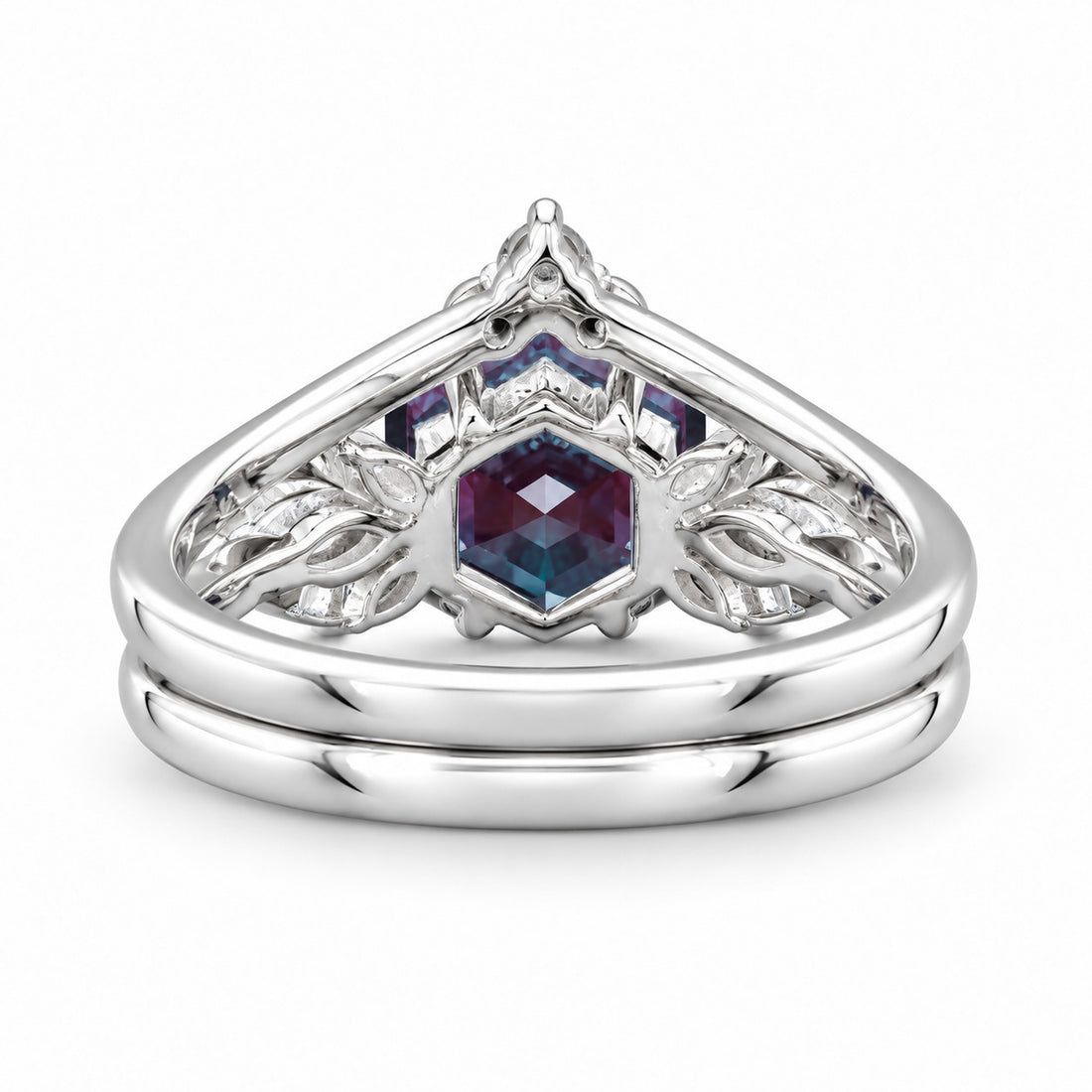 The Astra — Hexagon Alexandrite Ring in 14K white gold, back view