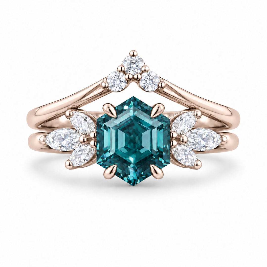 The Astra — Hexagon Alexandrite Ring in 14K rose gold, in daylight