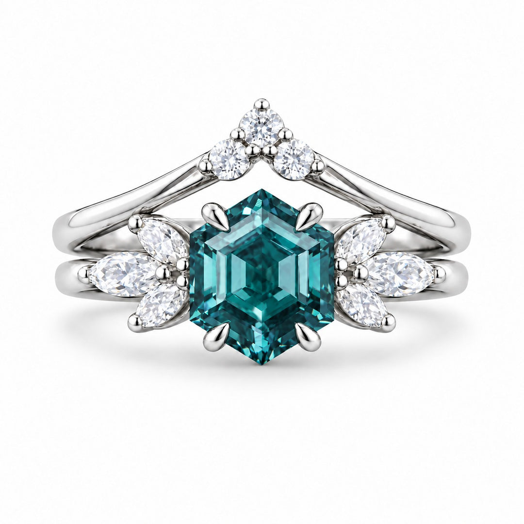 The Astra — Hexagon Alexandrite Ring in 14K white gold, in daylight