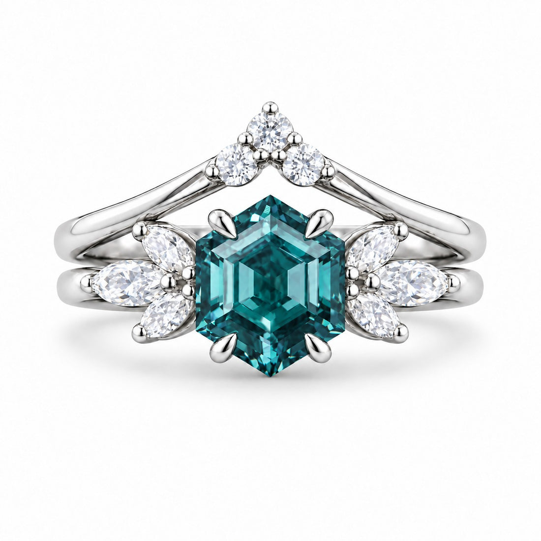 The Astra — Hexagon Alexandrite Ring in 14K white gold, in daylight