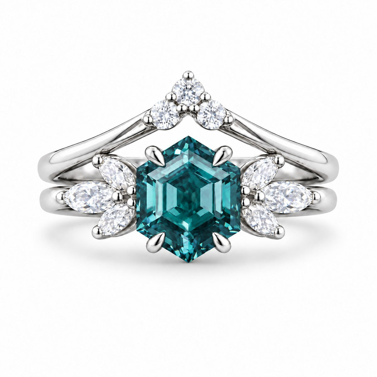 The Astra — Hexagon Alexandrite Ring in 14K white gold, in daylight