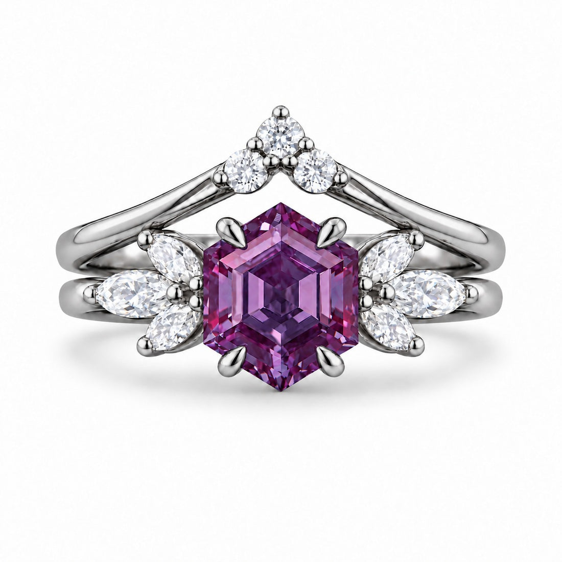 The Astra — Hexagon Alexandrite Ring in platinum, in warm light