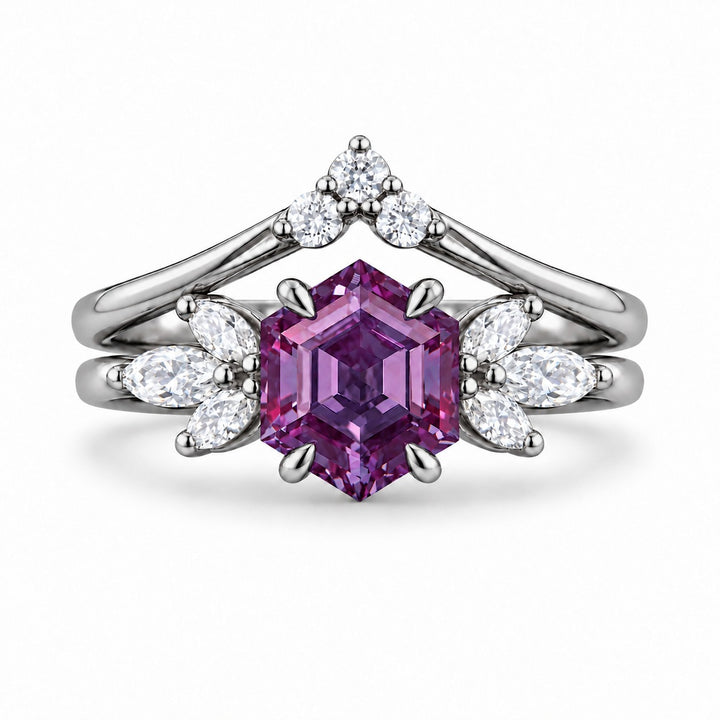 The Astra — Hexagon Alexandrite Ring in platinum, in warm light