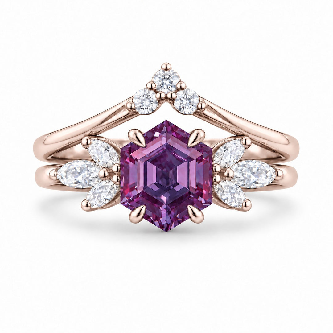 The Astra — Hexagon Alexandrite Ring in 14K rose gold, in warm light