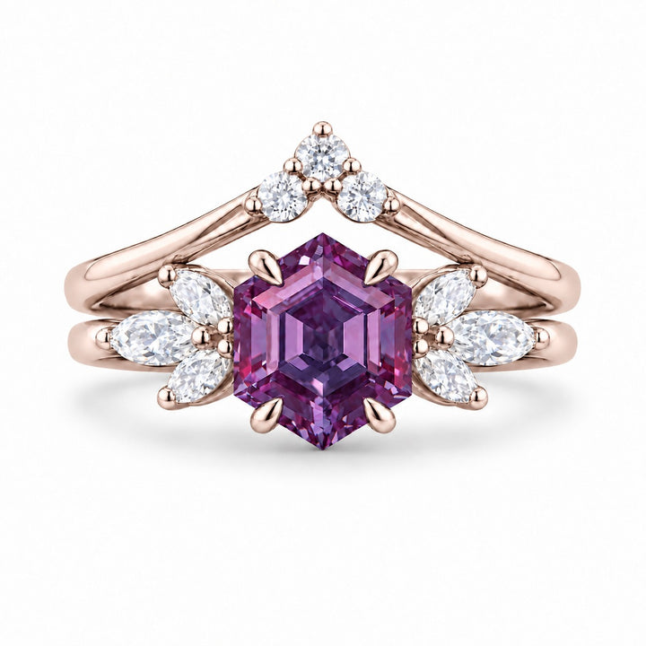 The Astra — Hexagon Alexandrite Ring in 14K rose gold, in warm light