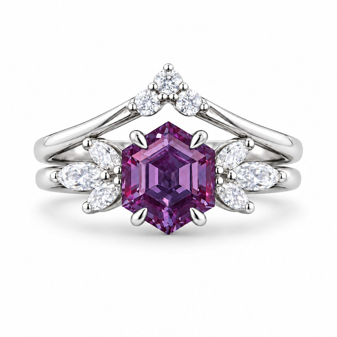 The Astra — Hexagon Alexandrite Ring in 14K white gold, in warm light