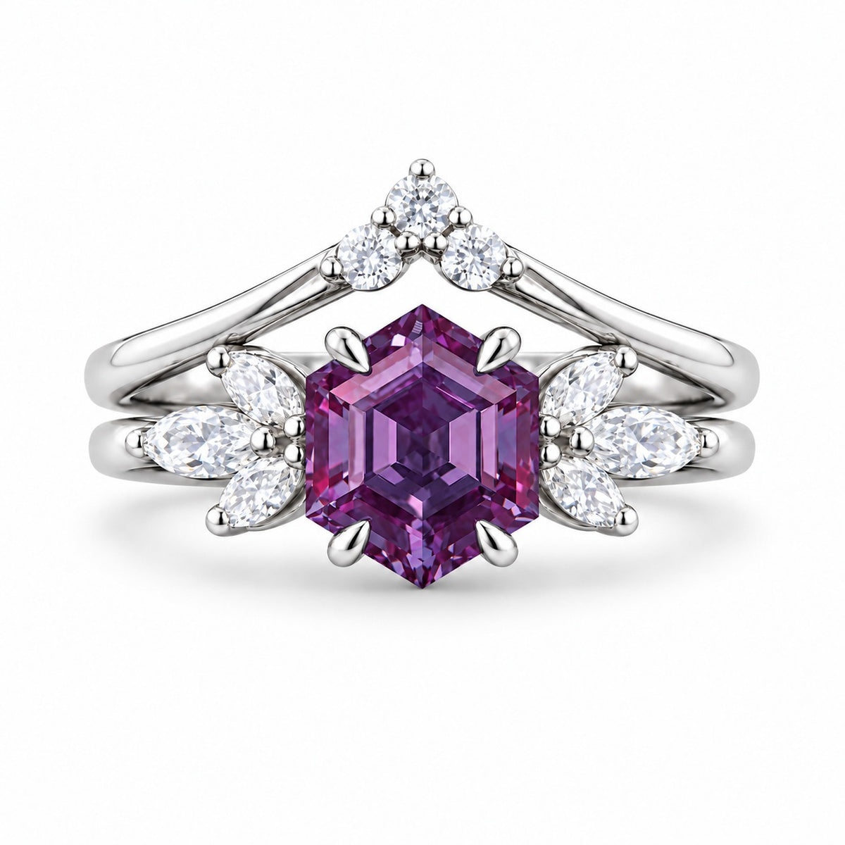 The Astra — Hexagon Alexandrite Ring in 14K white gold, in warm light