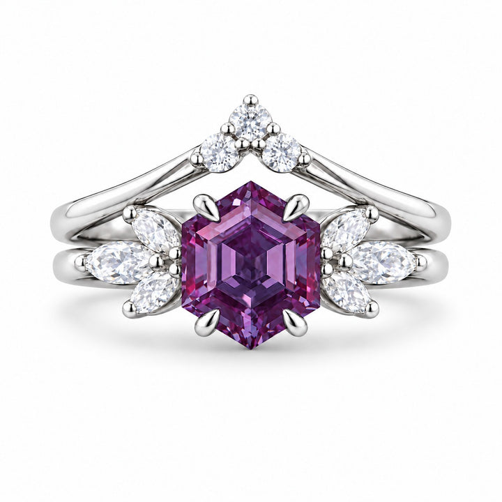 The Astra — Hexagon Alexandrite Ring in 14K white gold, in warm light