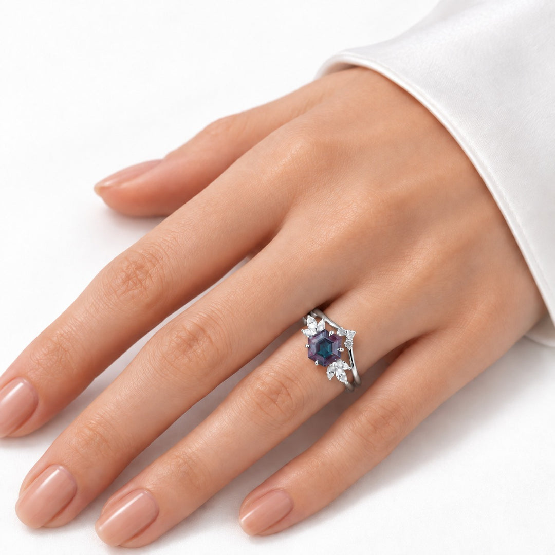 The Astra — Hexagon Alexandrite Ring in platinum, worn on hand