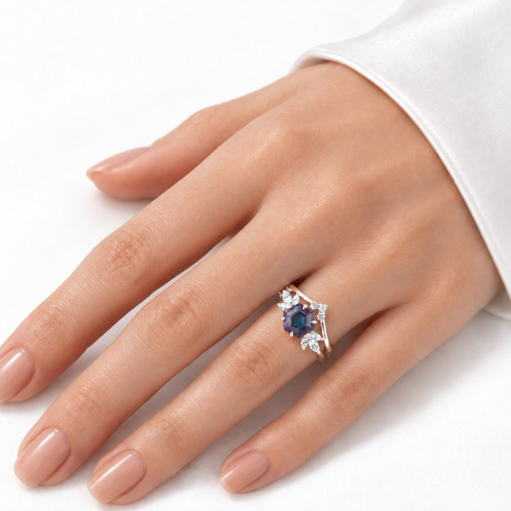 The Astra — Hexagon Alexandrite Ring in 14K rose gold, worn on hand