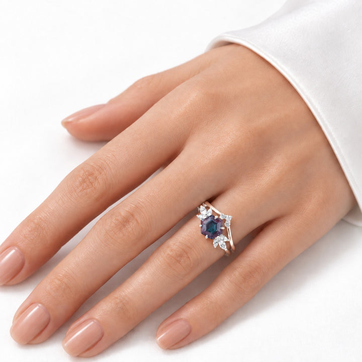 The Astra — Hexagon Alexandrite Ring in 14K rose gold, worn on hand
