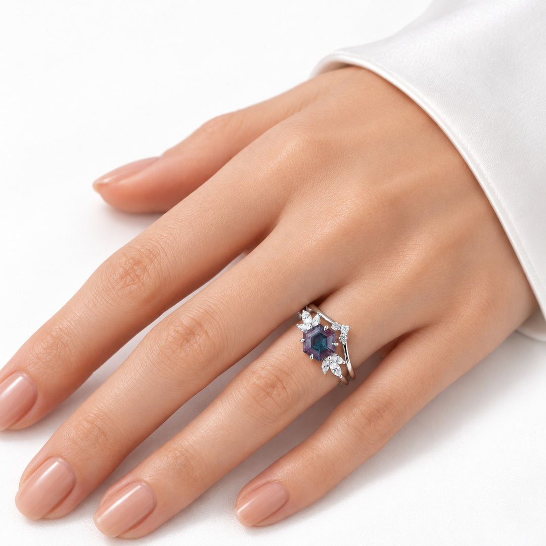 The Astra — Hexagon Alexandrite Ring in 14K white gold, worn on hand