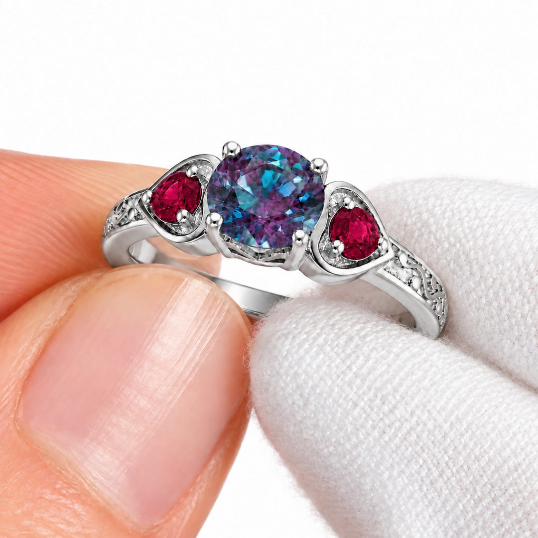 The Roserie — Alexandrite & Ruby Three-Stone Ring in platinum, detail view