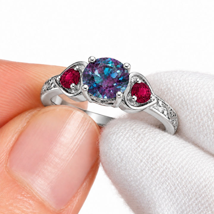 The Roserie — Alexandrite & Ruby Three-Stone Ring in platinum, detail view