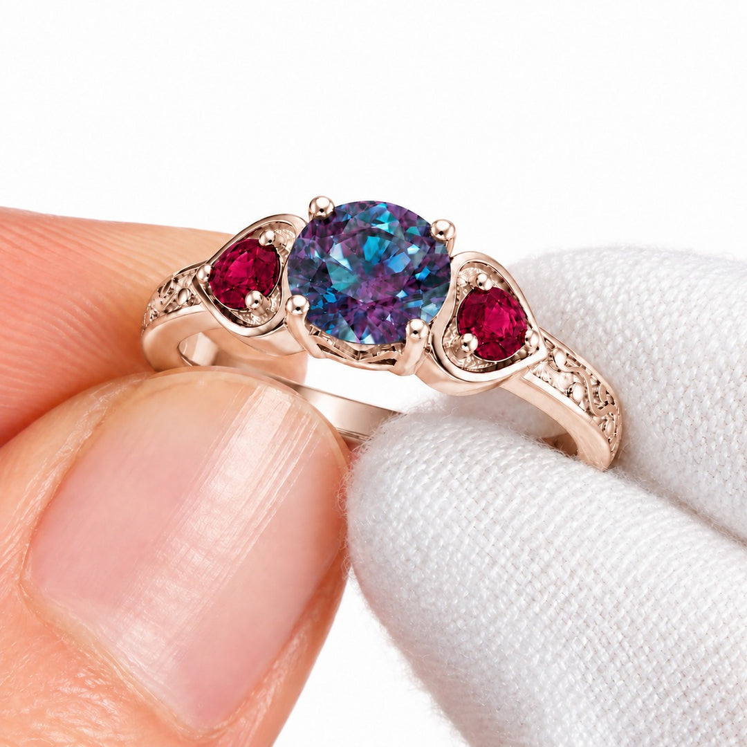 The Roserie — Alexandrite & Ruby Three-Stone Ring in 14K rose gold, detail view