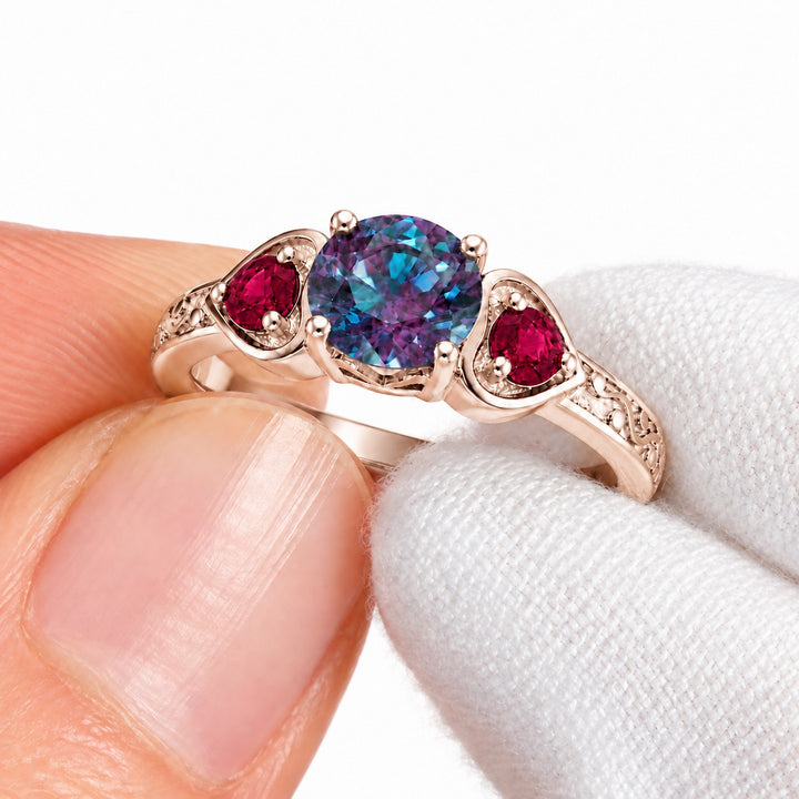 The Roserie — Alexandrite & Ruby Three-Stone Ring in 14K rose gold, detail view