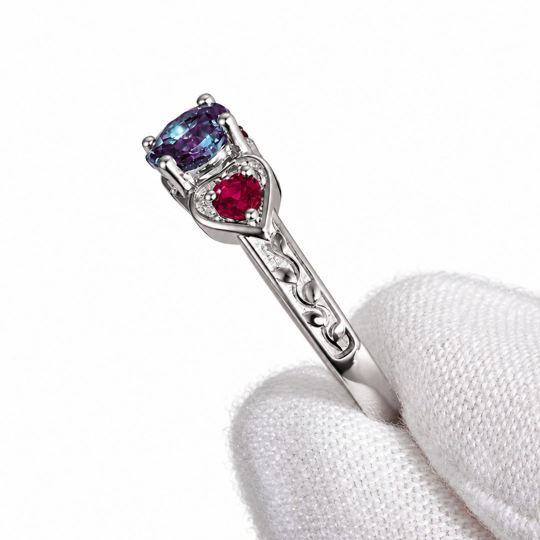 The Roserie — Alexandrite & Ruby Three-Stone Ring in platinum, side view