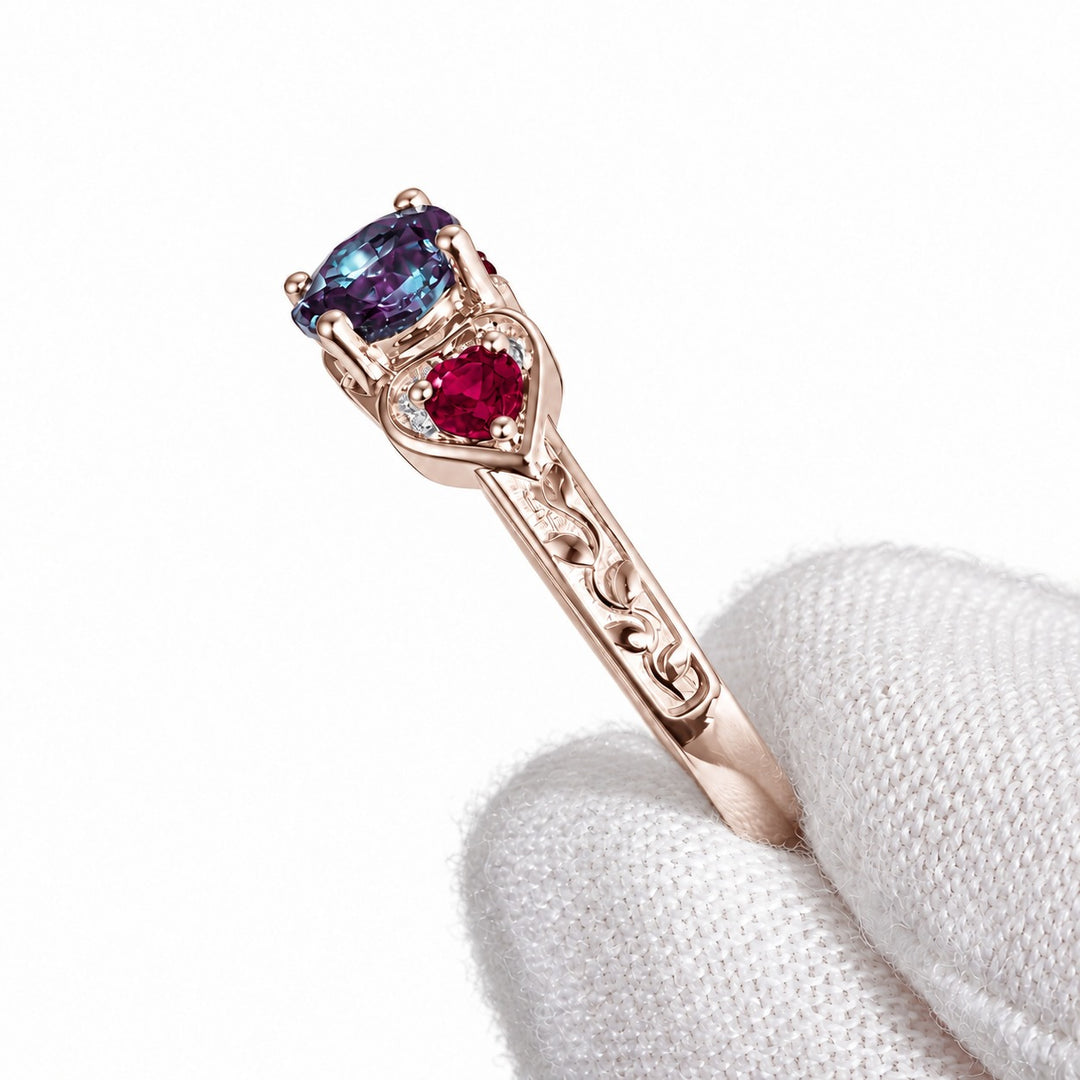 The Roserie — Alexandrite & Ruby Three-Stone Ring in 14K rose gold, side view