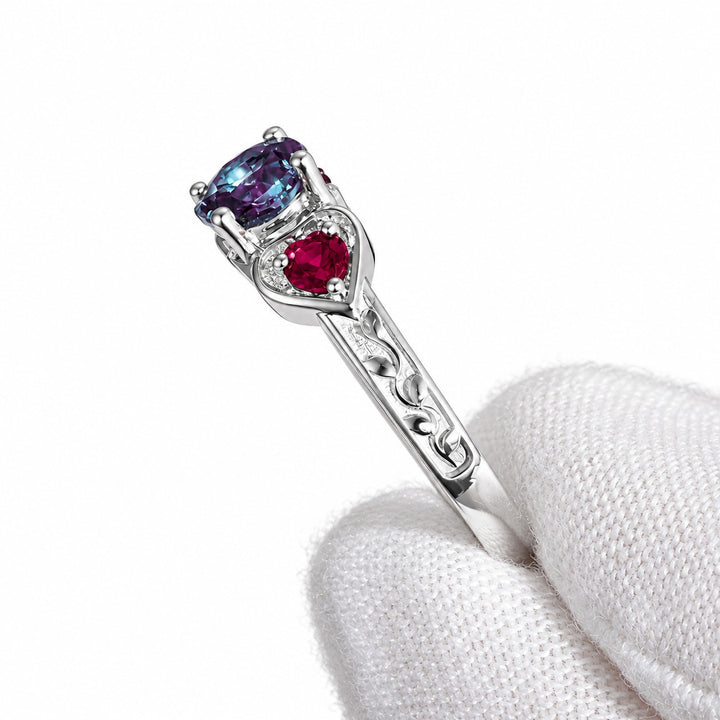 The Roserie — Alexandrite & Ruby Three-Stone Ring in 14K white gold, side view