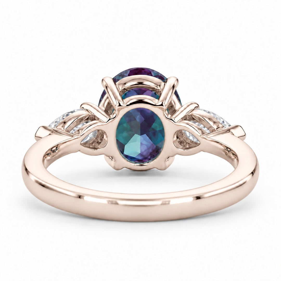 The Virelle — Oval Alexandrite Three-Stone Ring in 14K rose gold, back view