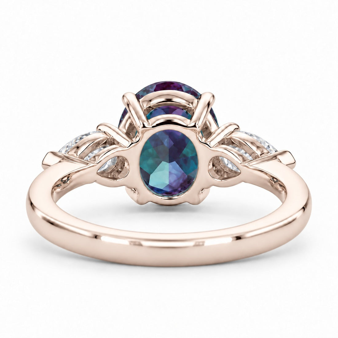 The Virelle — Oval Alexandrite Three-Stone Ring in 14K rose gold, back view