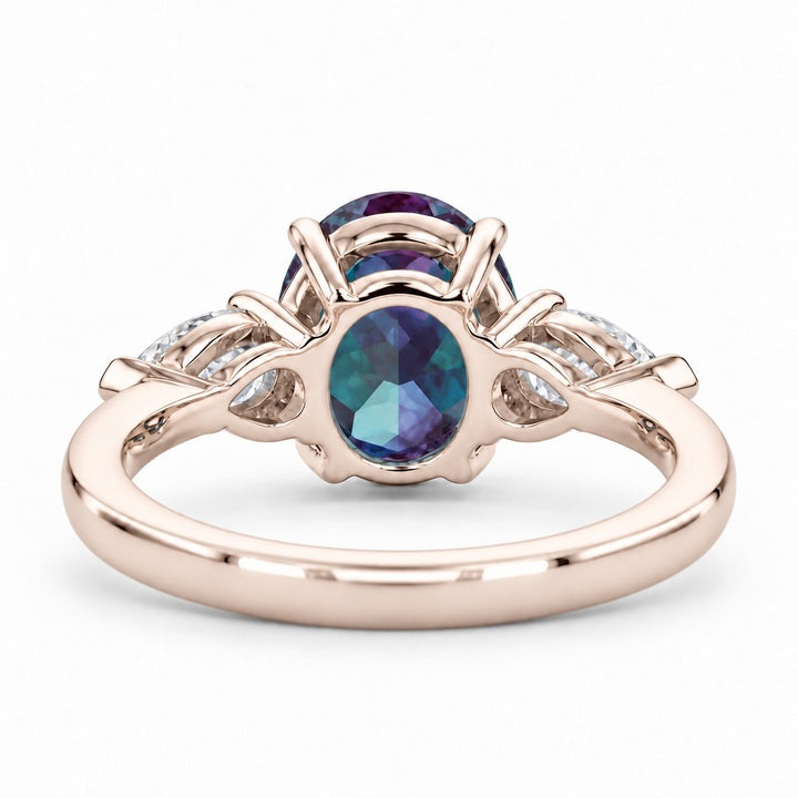 The Virelle — Oval Alexandrite Three-Stone Ring in 14K rose gold, back view