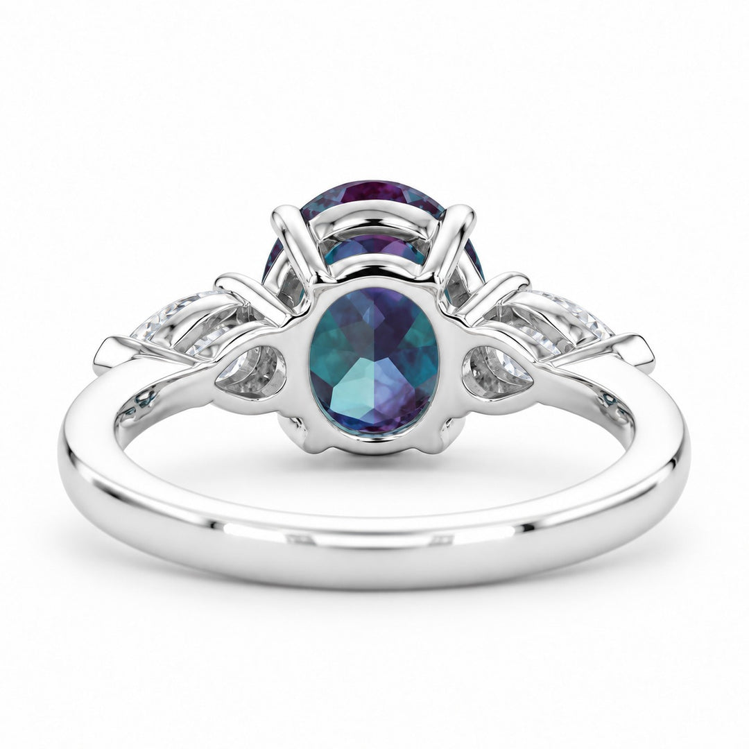 The Virelle — Oval Alexandrite Three-Stone Ring in 14K white gold, back view