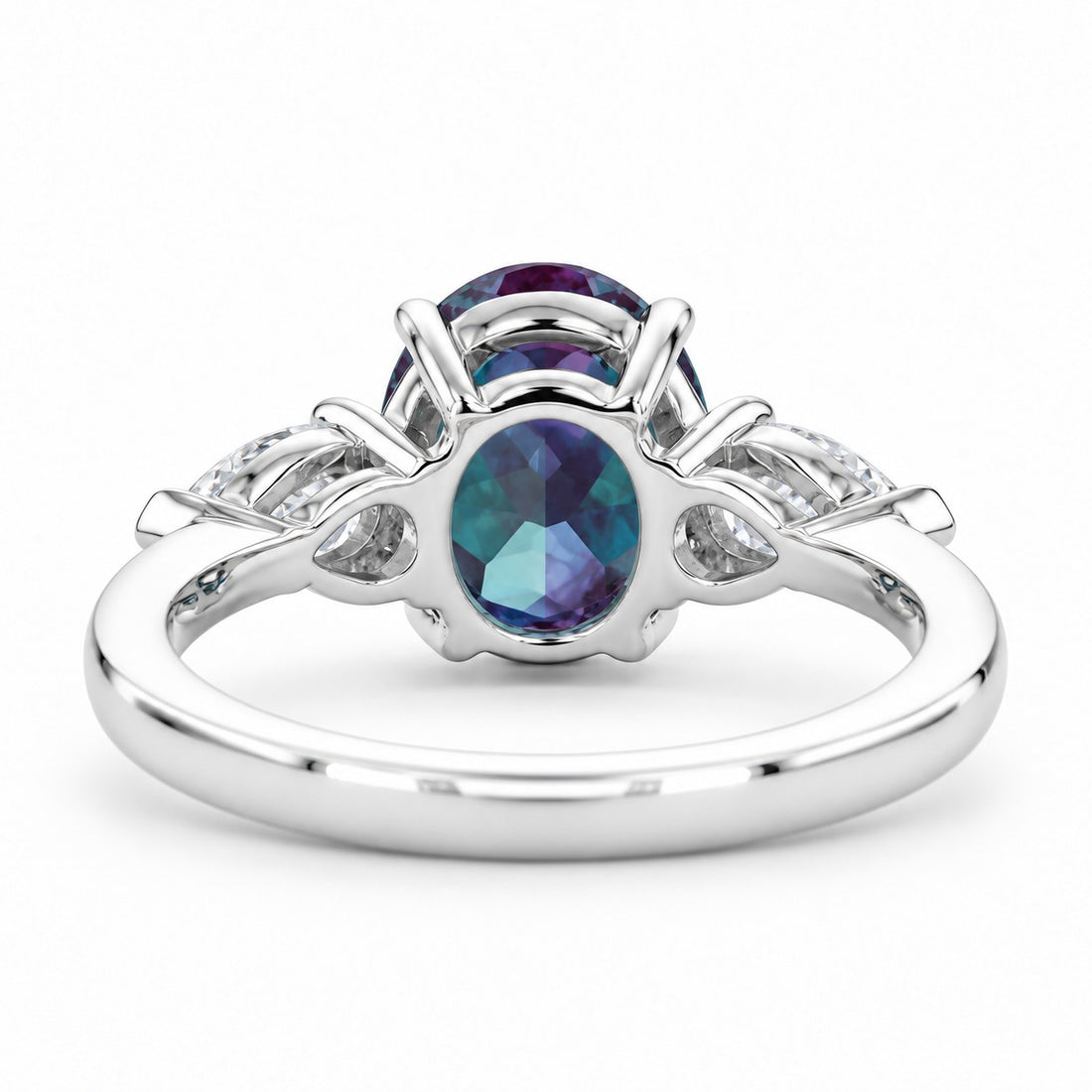 The Virelle — Oval Alexandrite Three-Stone Ring in 14K white gold, back view