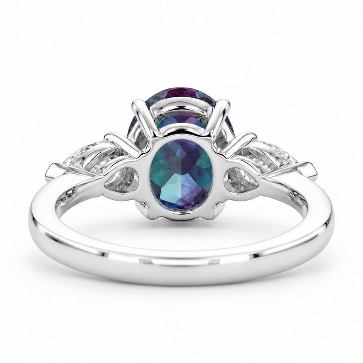 The Virelle — Oval Alexandrite Three-Stone Ring in 14K white gold, back view