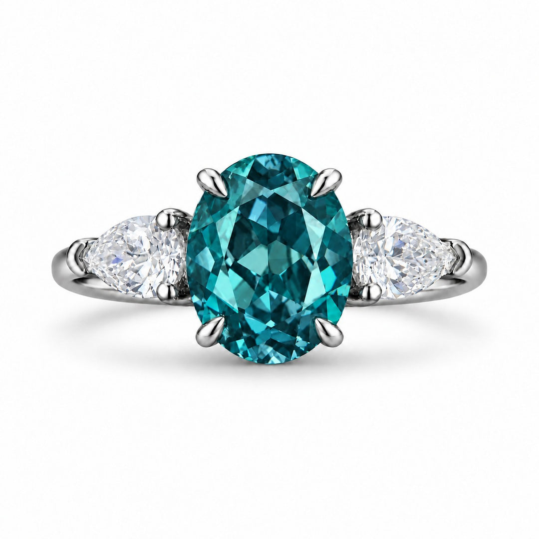 The Virelle — Oval Alexandrite Three-Stone Ring in platinum, in daylight
