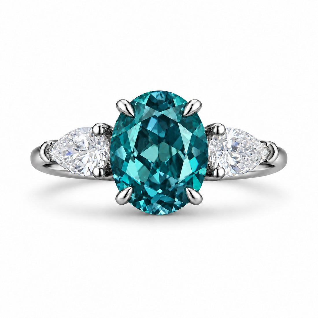 The Virelle — Oval Alexandrite Three-Stone Ring in platinum, in daylight