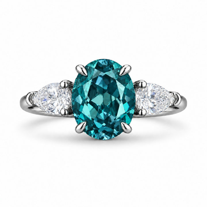 The Virelle — Oval Alexandrite Three-Stone Ring in platinum, in daylight