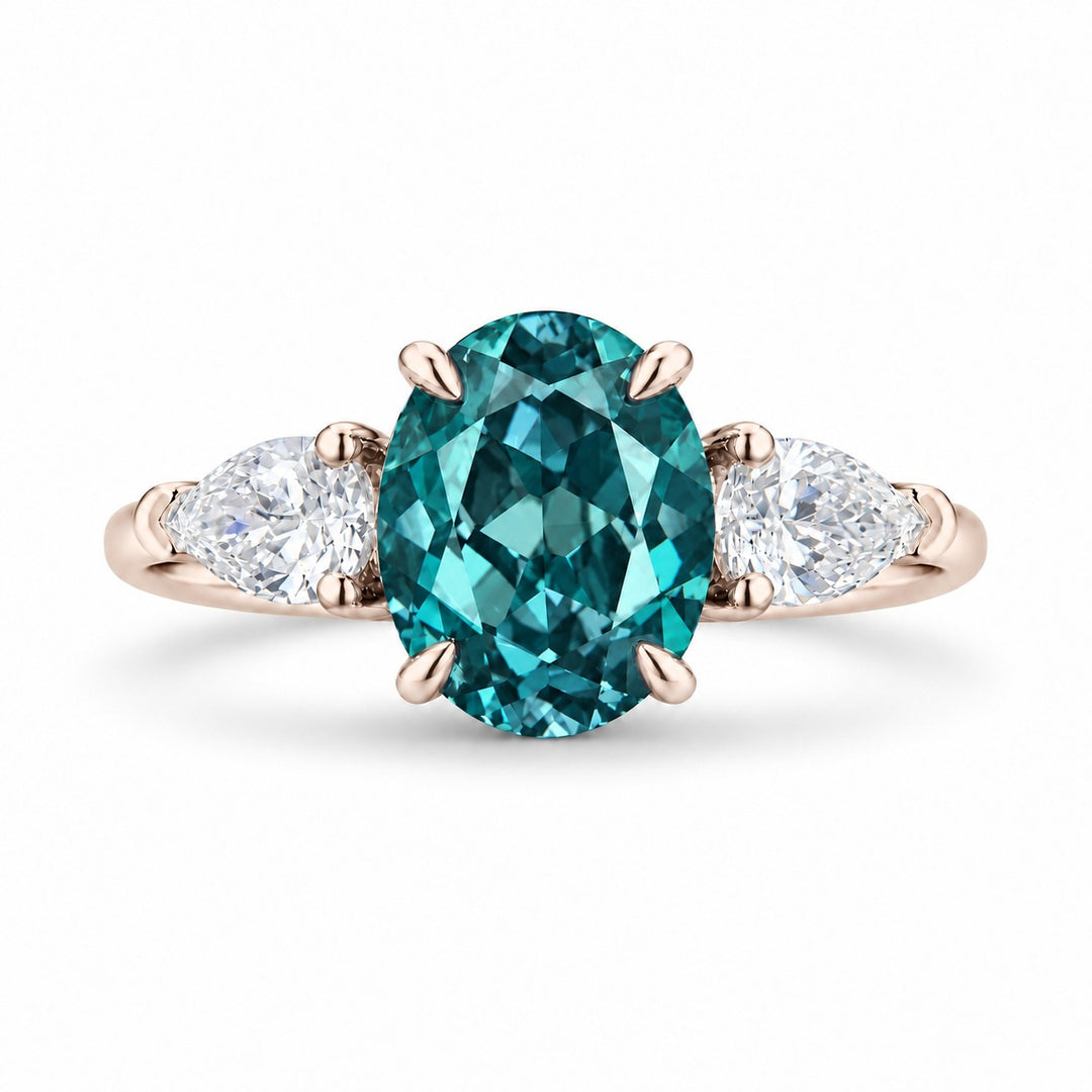 The Virelle — Oval Alexandrite Three-Stone Ring in 14K rose gold, in daylight