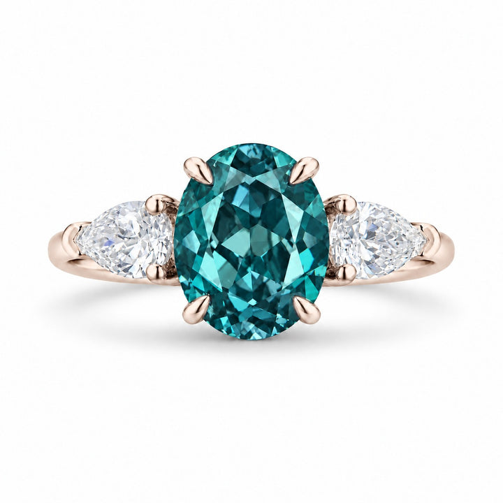 The Virelle — Oval Alexandrite Three-Stone Ring in 14K rose gold, in daylight