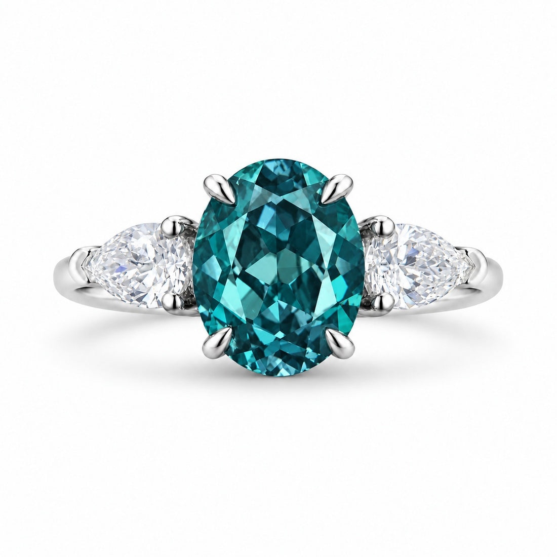 The Virelle — Oval Alexandrite Three-Stone Ring in 14K white gold, in daylight