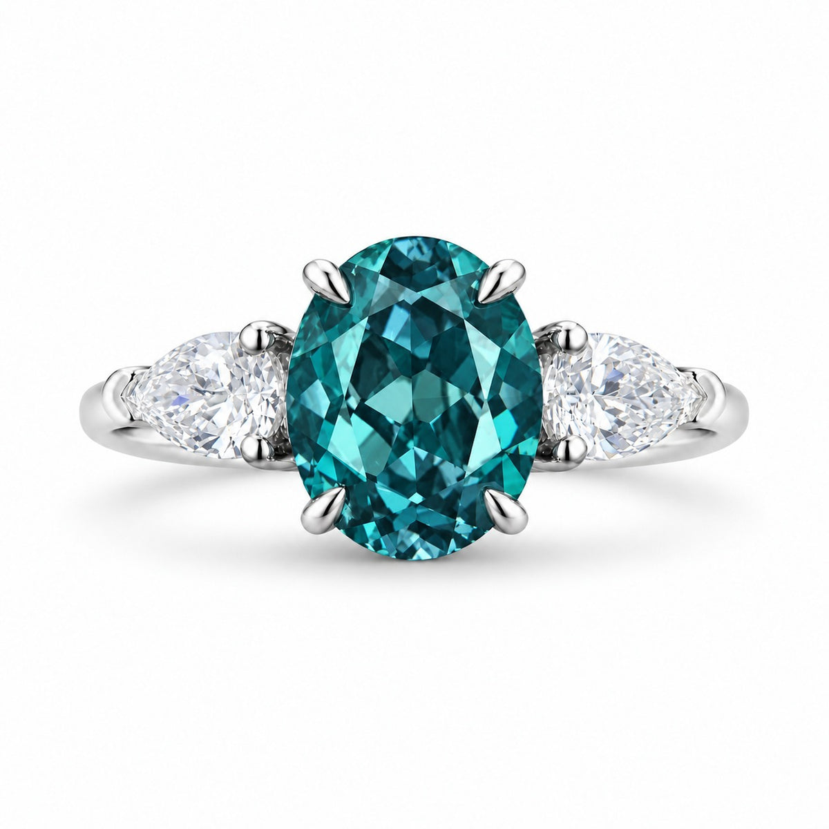 The Virelle — Oval Alexandrite Three-Stone Ring in 14K white gold, in daylight