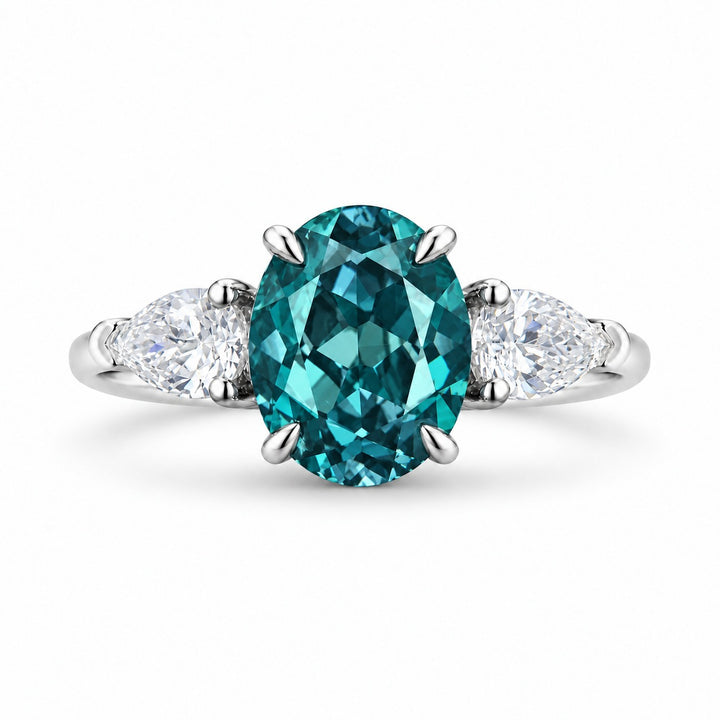The Virelle — Oval Alexandrite Three-Stone Ring in 14K white gold, in daylight