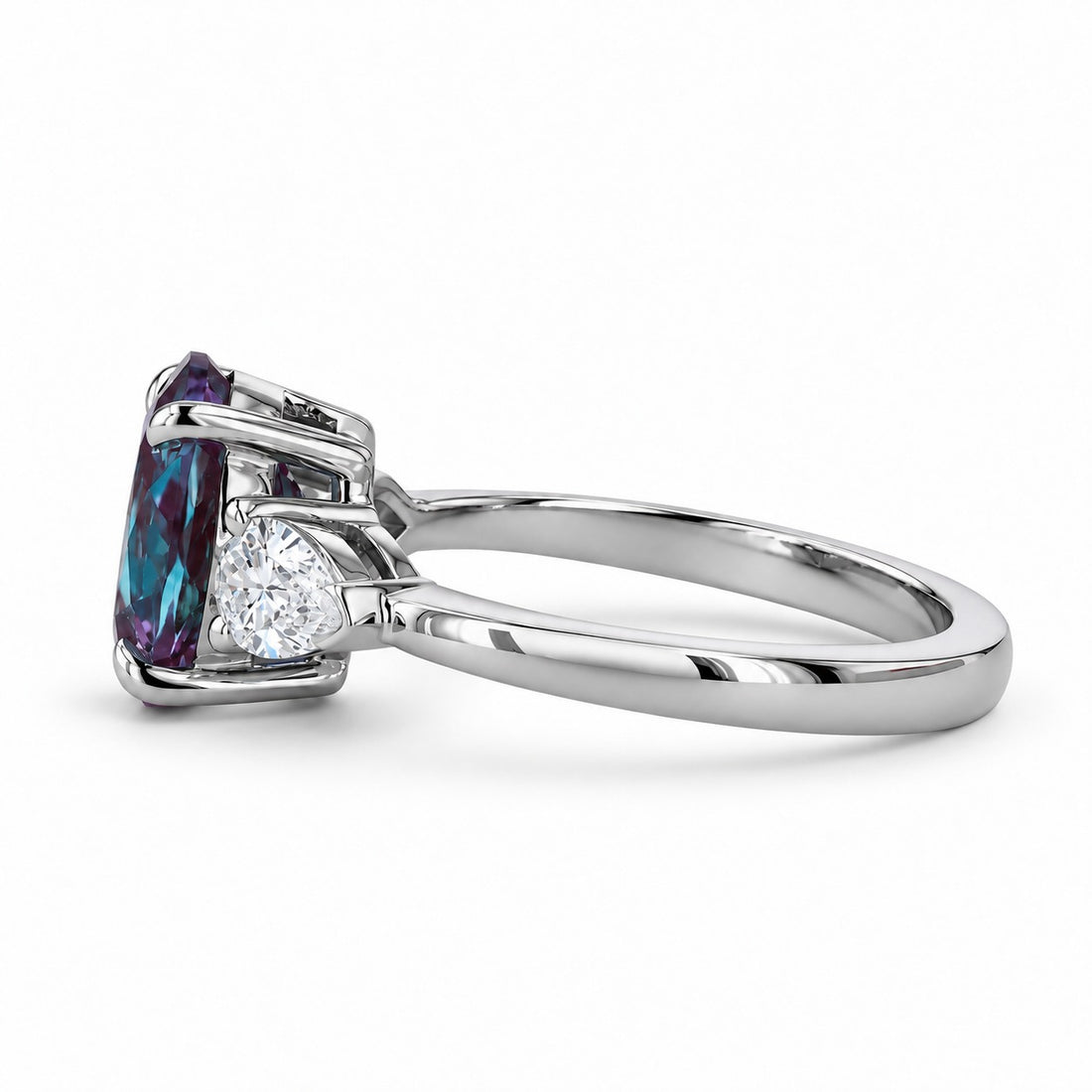 The Virelle — Oval Alexandrite Three-Stone Ring in platinum, side view