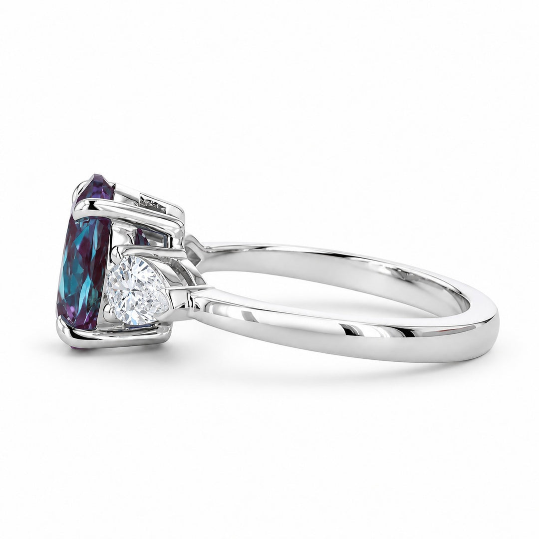 The Virelle — Oval Alexandrite Three-Stone Ring in 14K white gold, side view