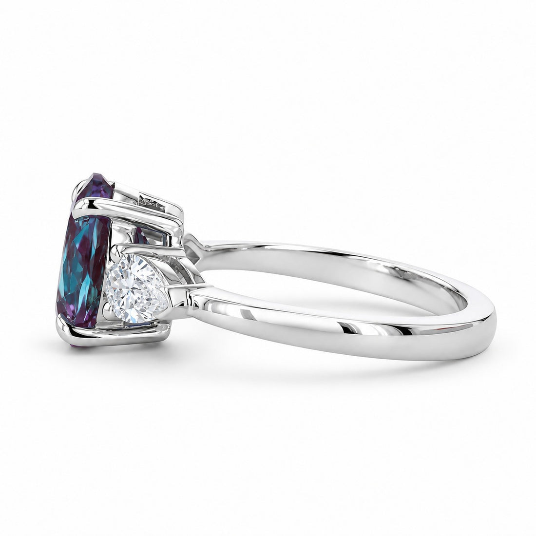 The Virelle — Oval Alexandrite Three-Stone Ring in 14K white gold, side view
