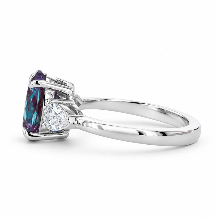 The Virelle — Oval Alexandrite Three-Stone Ring in 14K white gold, side view