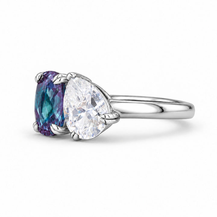 The Solenne — Alexandrite & Diamond Toi et Moi Ring in platinum, angled view