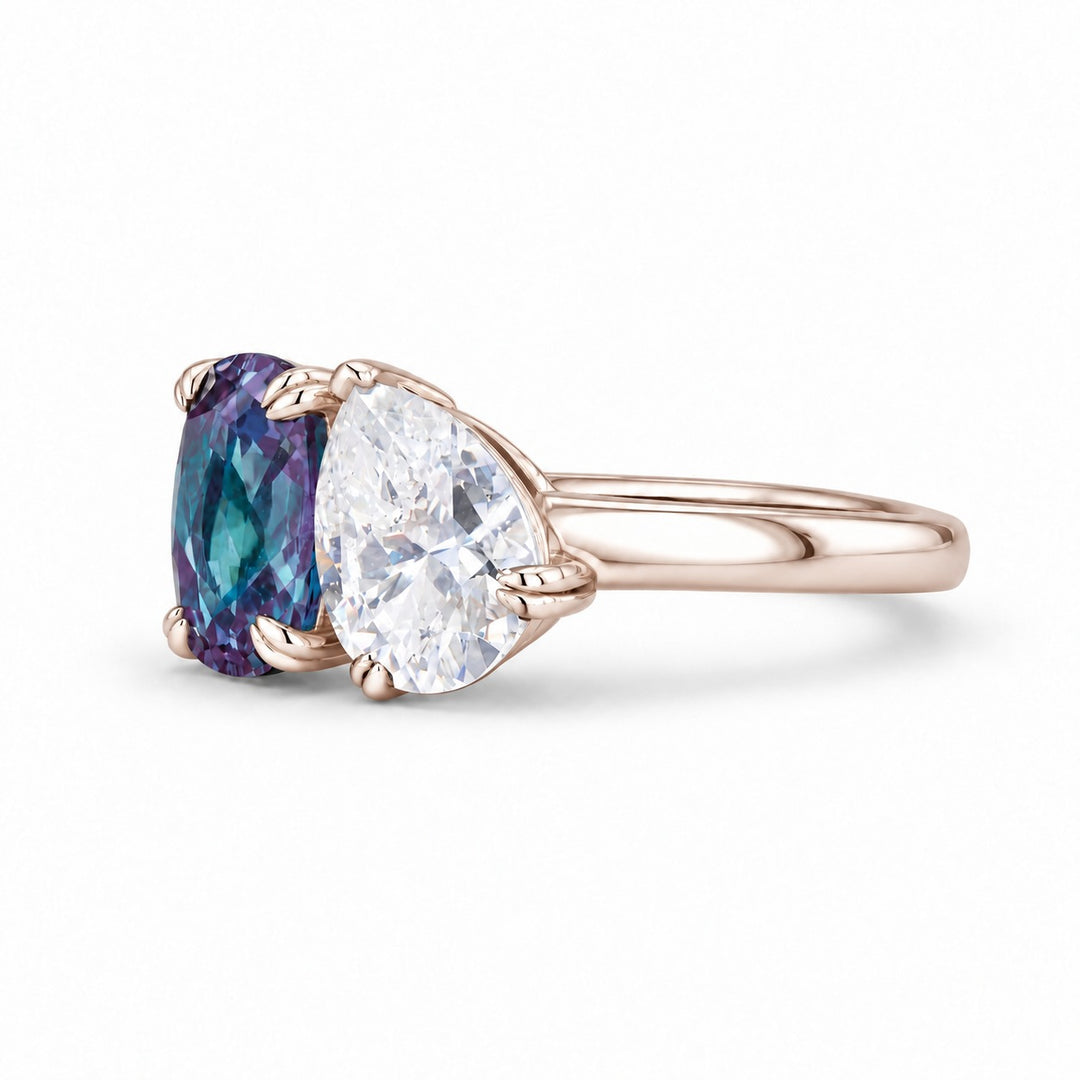 The Solenne — Alexandrite & Diamond Toi et Moi Ring in 14K rose gold, angled view