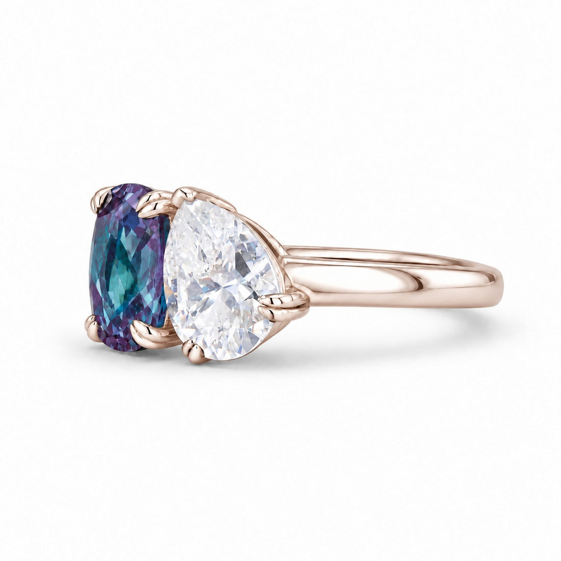 The Solenne — Alexandrite & Diamond Toi et Moi Ring in 14K rose gold, angled view