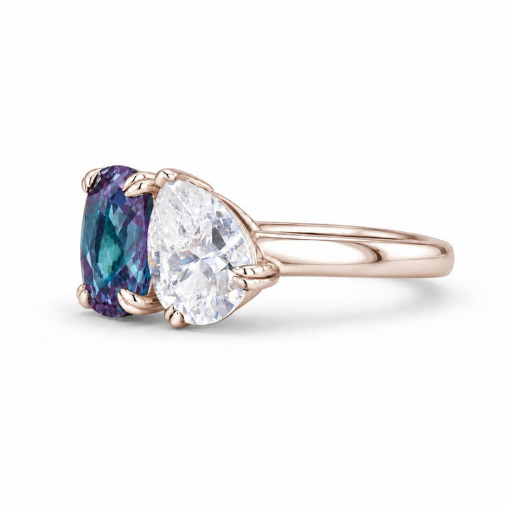 The Solenne — Alexandrite & Diamond Toi et Moi Ring in 14K rose gold, angled view
